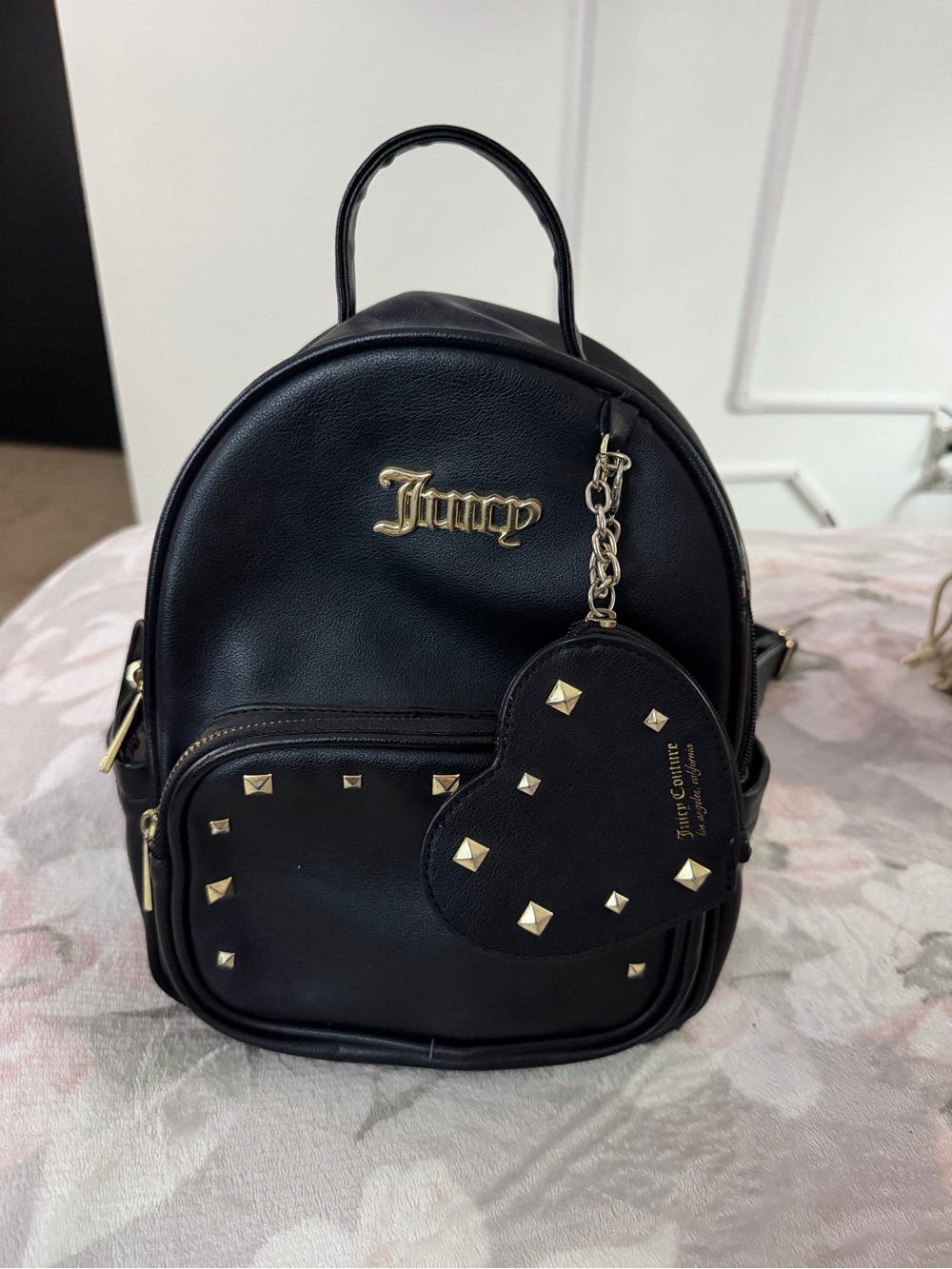 Juicy Couture Black Mini Backpack with Gold Stud Heart Charm